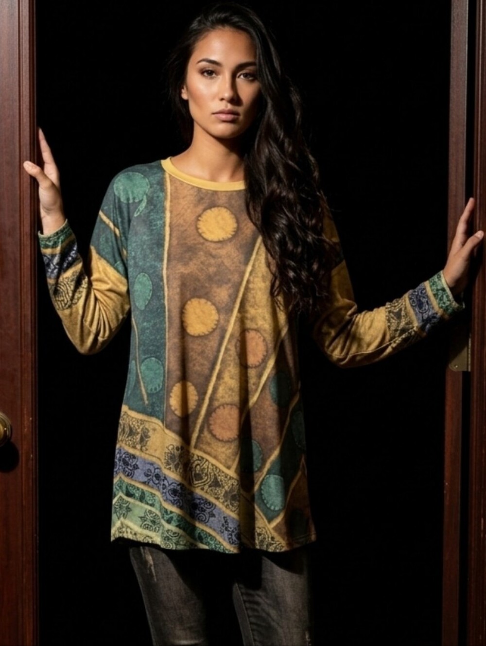 Emery Rose Multicolor Patchwork Tunic Top — Teal, Brown & Mustard Long Sleeve Lg